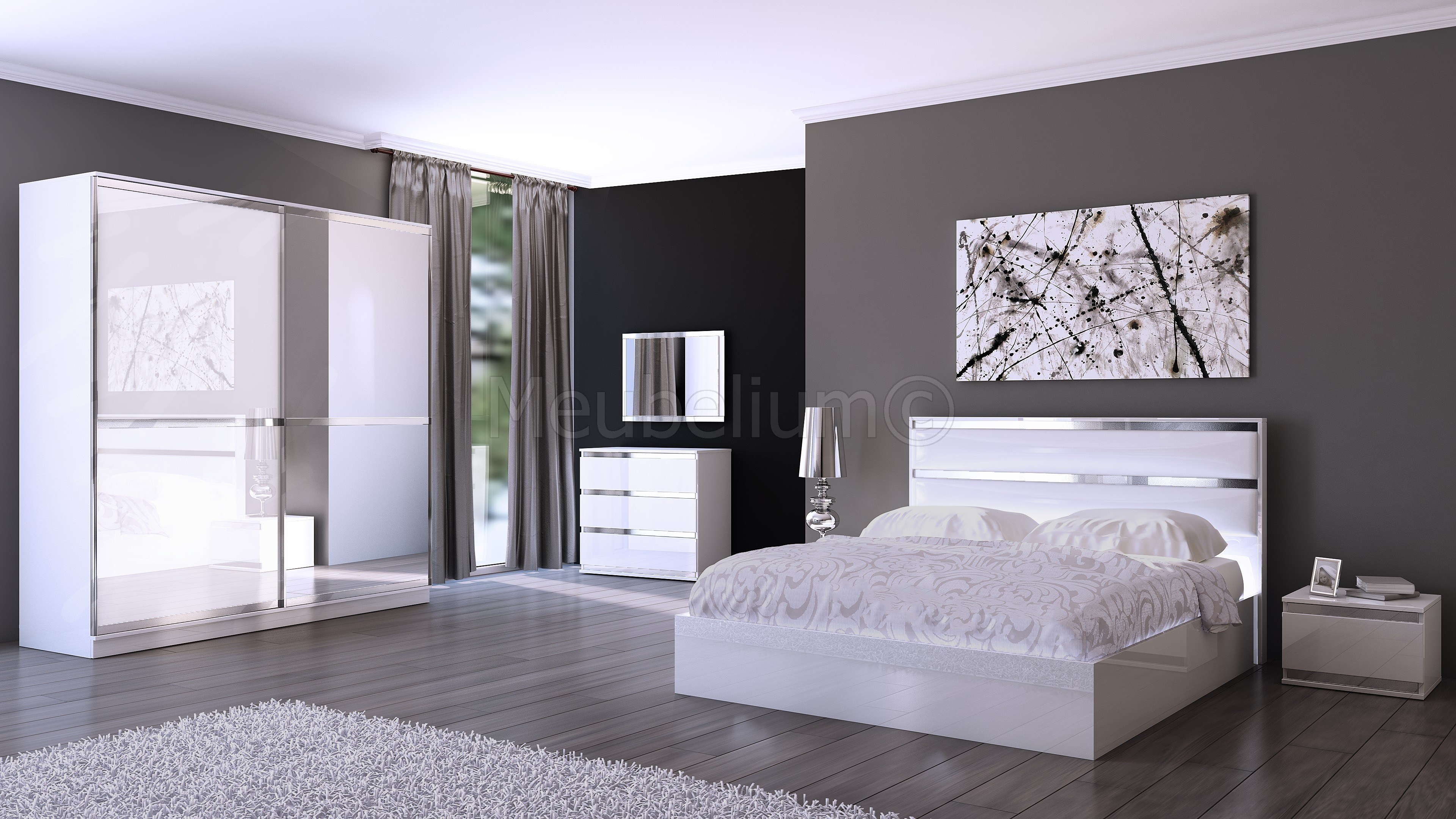  Chambre  adulte compl te  design coloris blanc et acier 